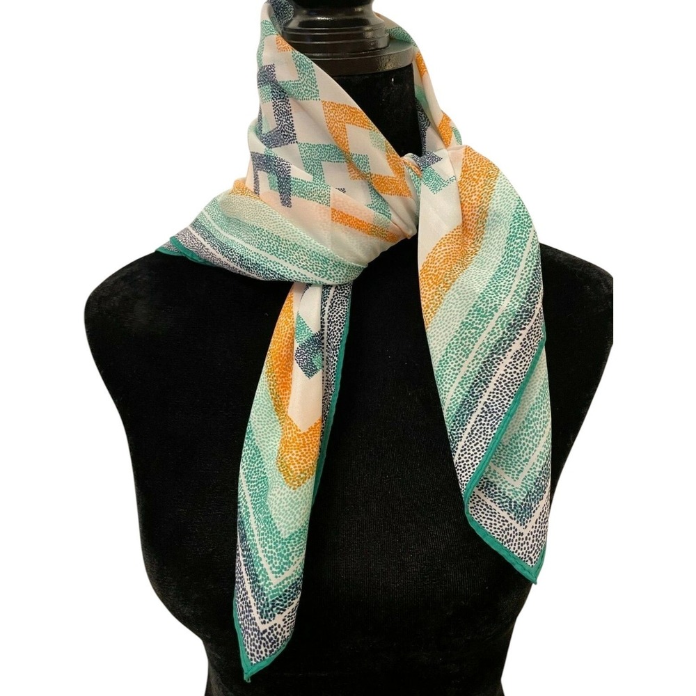 Vintage Ben Goodman Womens Square Scarf Green Satin Geometric Hand Rolled Hem
